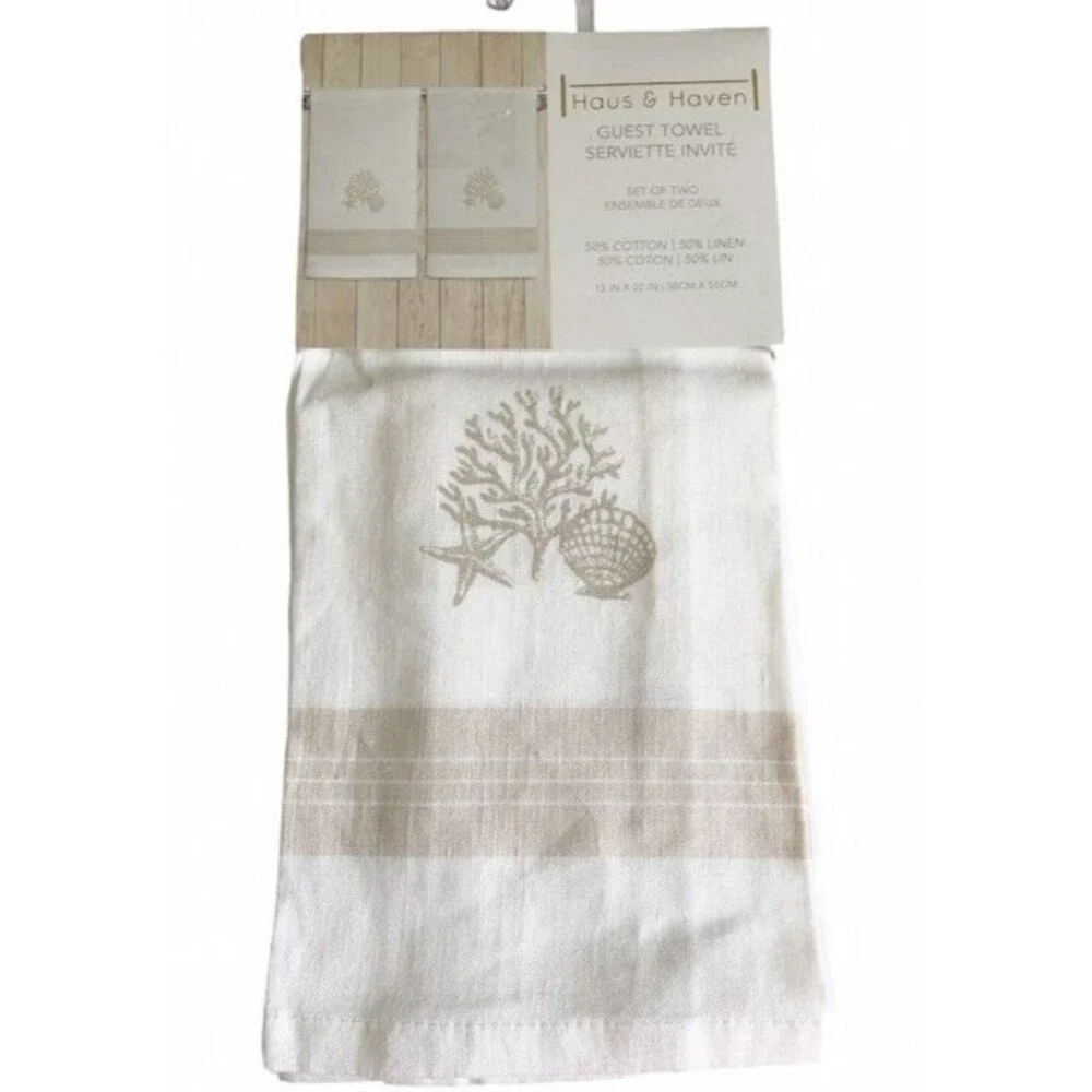 Haus & Haven Guest Towels Set of 2 Coastal Shell Cotton Linen 50/50 Blend